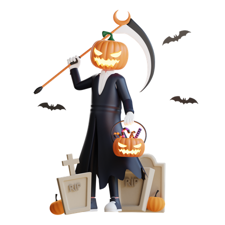 Jack O Lantern with scythe  3D Illustration