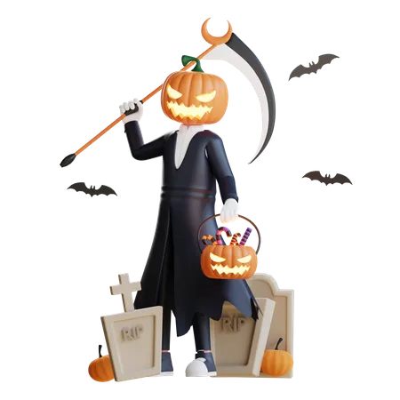 Jack O Lantern with scythe  3D Illustration