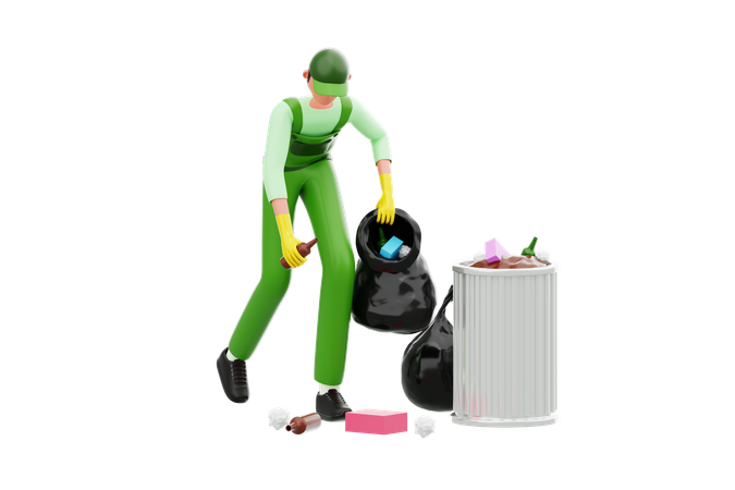 Janitor Collecting Waste Into Black Polyethene Bag  3D Illustration