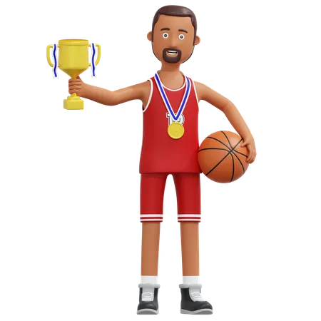 Campeão de jogador de basquete segurando o troféu de ouro  3D Illustration