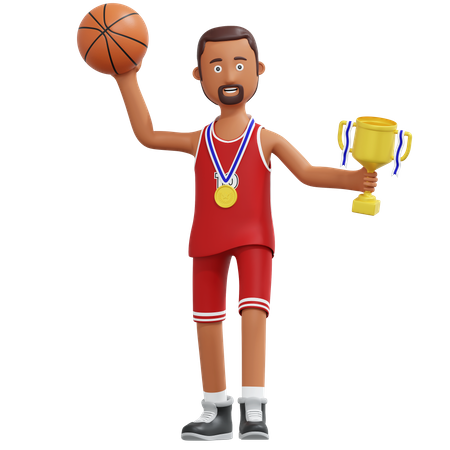 Campeão de jogador de basquete segurando o troféu de ouro  3D Illustration