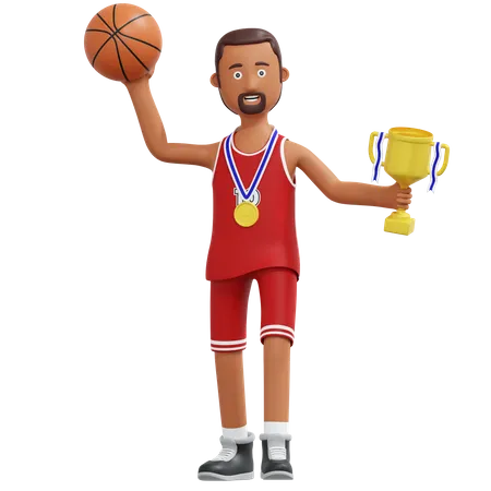 Campeão de jogador de basquete segurando o troféu de ouro  3D Illustration