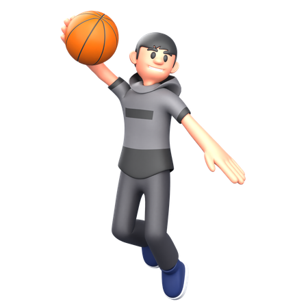 Jugador de baloncesto saltando con pelota de baloncesto  3D Illustration