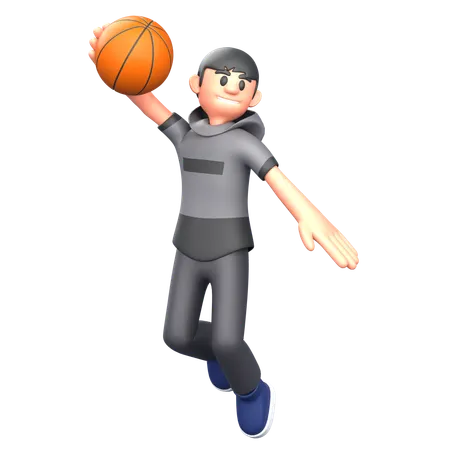 Jugador de baloncesto saltando con pelota de baloncesto  3D Illustration