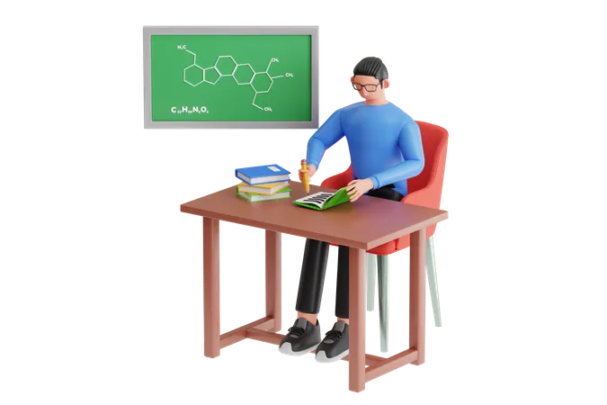 Junge lernt Chemie im Klassenzimmer  3D Illustration