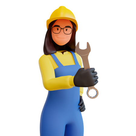 Lady Construction worker holding wrench  3D Illustration