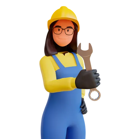 Lady Construction worker holding wrench  3D Illustration