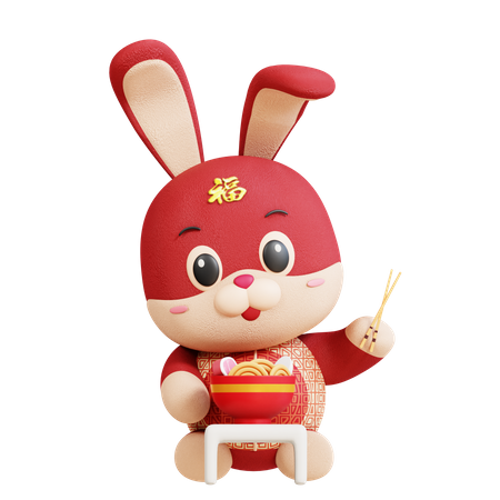 Lapin chinois mangeant des nouilles  3D Illustration