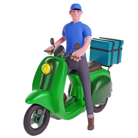 Lieferant auf einem Motorrad mit Lieferbox  3D Illustration