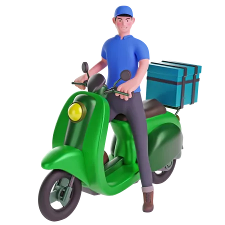 Lieferant auf einem Motorrad mit Lieferbox  3D Illustration