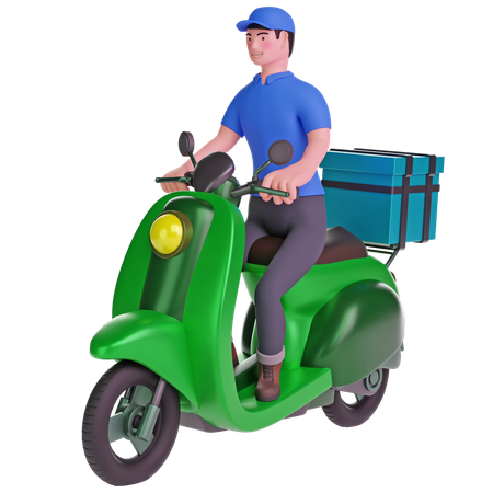 Lieferant auf einem Motorrad mit Lieferbox  3D Illustration