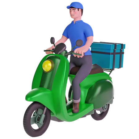 Lieferant auf einem Motorrad mit Lieferbox  3D Illustration