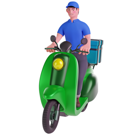 Lieferant auf einem Motorrad mit Lieferbox  3D Illustration