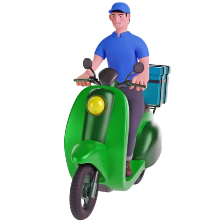 Lieferant auf einem Motorrad mit Lieferbox  3D Illustration