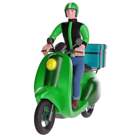 Lieferant auf einem Motorrad mit Lieferbox  3D Illustration