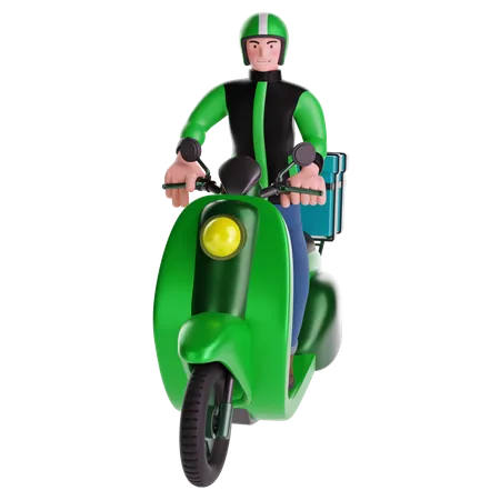 Lieferant auf einem Motorrad mit Lieferbox  3D Illustration