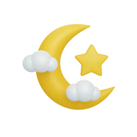 Luna creciente y estrella con nube.  3D Illustration