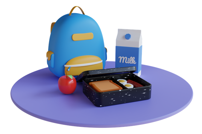 Lunch box and bag with delicious food  3D Illustration