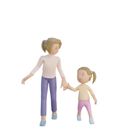 Madre e hija caminando juntas  3D Illustration