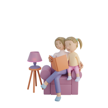 Madre e hija leyendo un libro juntas  3D Illustration