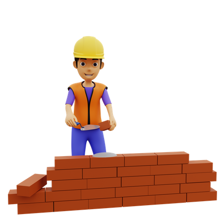 Male construction worker building wall  3D Illustration