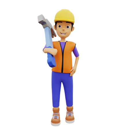 Male construction worker holding hammer  3D Illustration