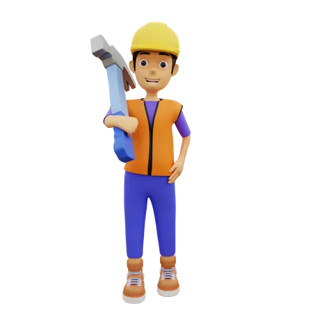 Male construction worker holding hammer  3D Illustration