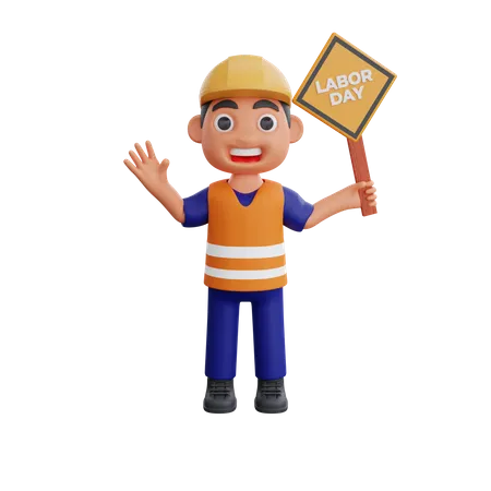 Male Construction worker holding labor day board  3D Illustration