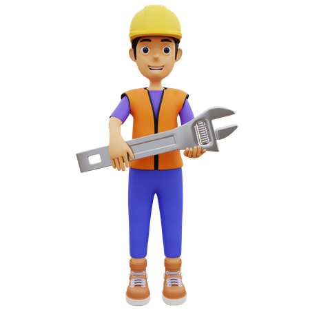 Male construction worker holding wrench  3D Illustration