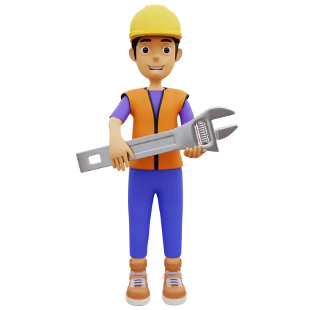 Male construction worker holding wrench  3D Illustration