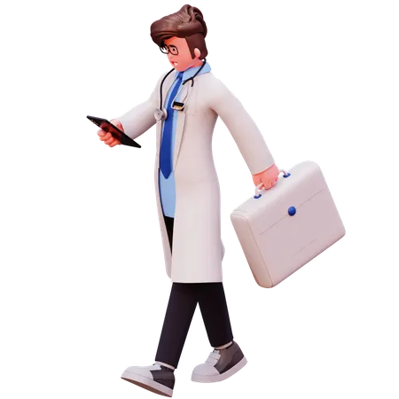 Male Doctor holding briefcase with using phone  3D Illustration