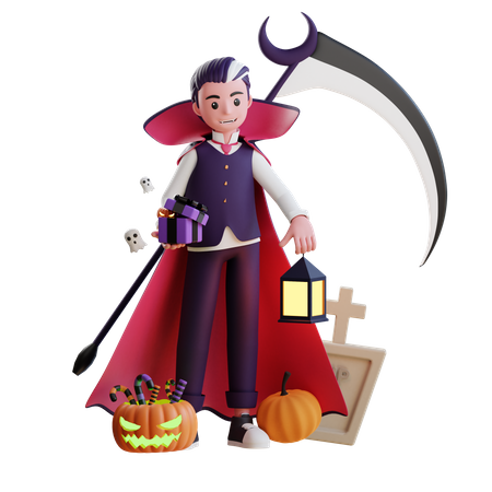 Male vampire holding gift  3D Illustration