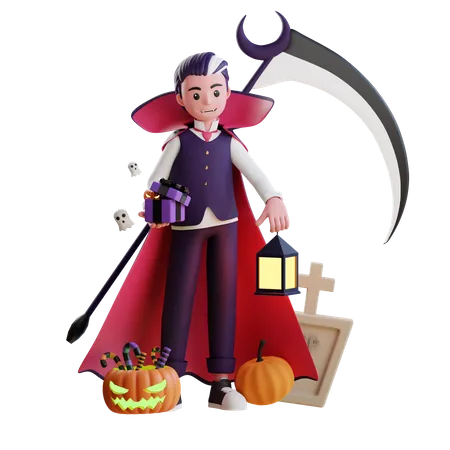 Male vampire holding gift  3D Illustration