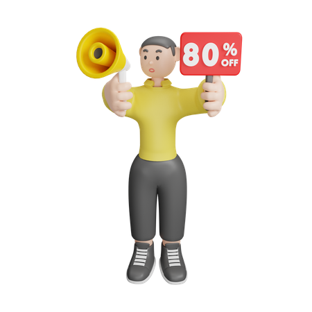 Man Announcing About 80 Percentage Off  3D Illustration