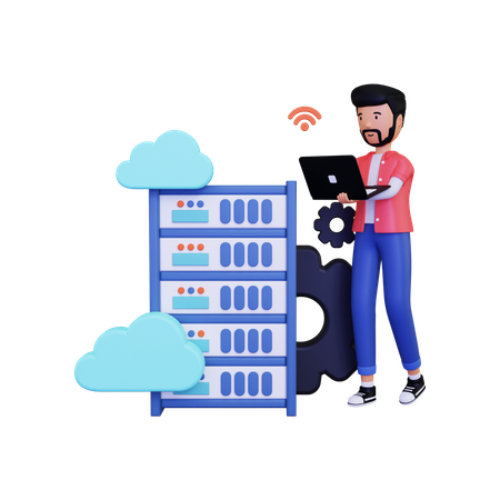 Man doing Cloud hosting with using laptop  3D Illustration