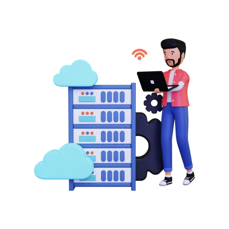 Man doing Cloud hosting with using laptop  3D Illustration