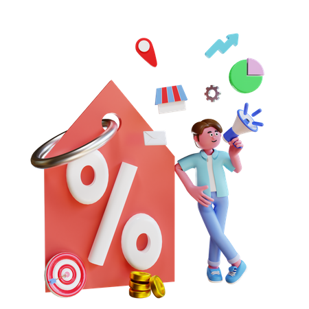 Man doing digital marketing with big discount  3D Illustration