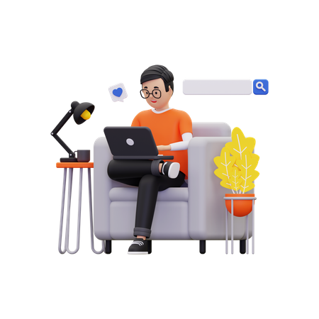 Man Doing online browsing with laptop  3D Illustration