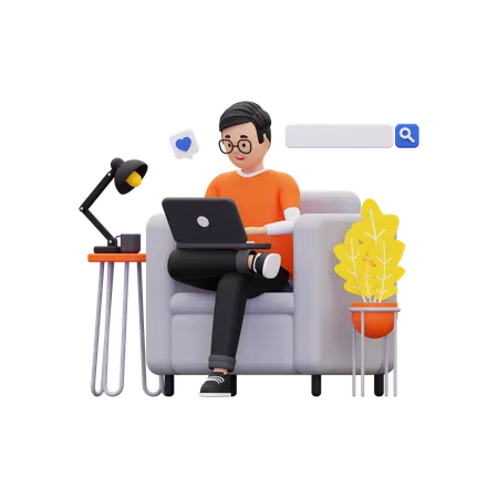 Man Doing online browsing with laptop  3D Illustration