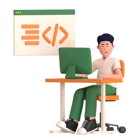 Man Doing Programming Work  3D Illustration