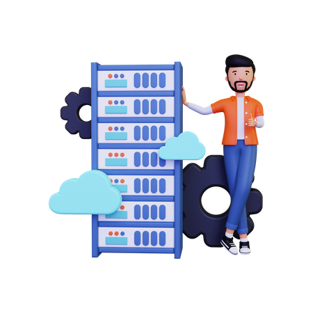 Man doing server cloud hosting  3D Illustration