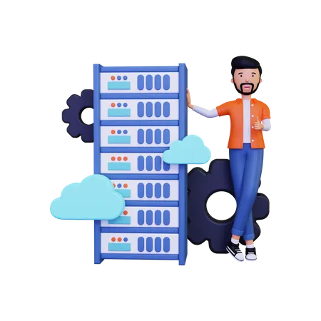 Man doing server cloud hosting  3D Illustration