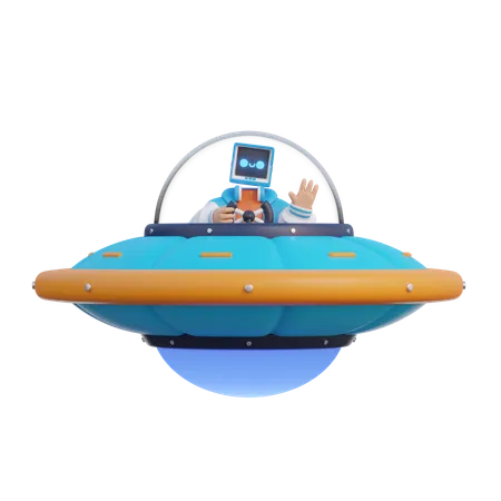 Man Drives UFO  3D Illustration