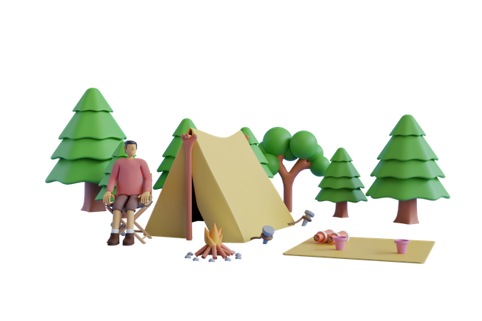 Man enjoying camping in forest  3D Illustration