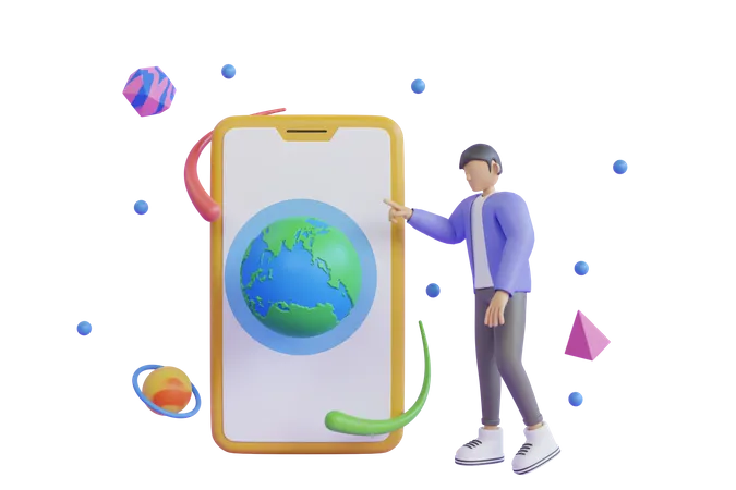 Man exploring metaverse using mobile  3D Illustration