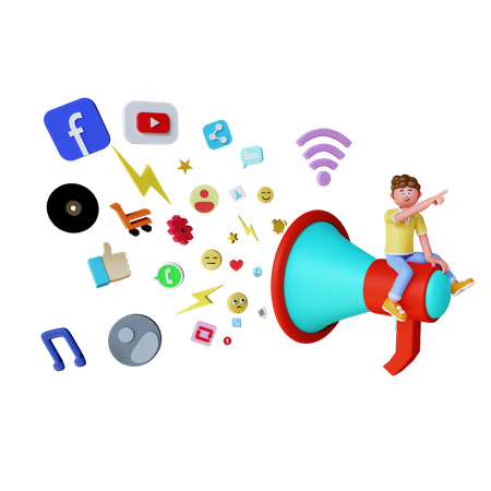 Man holding big megaphone doing social media marketing  3D Illustration