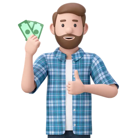 Man Holding Cash And Giving Thumb Up  3D Illustration