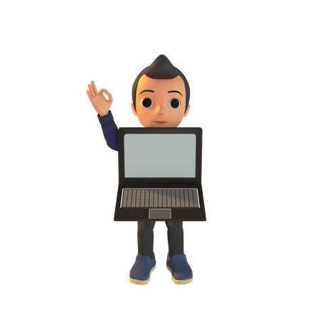 Man Holding Laptop And Ok Sign  3D Illustration