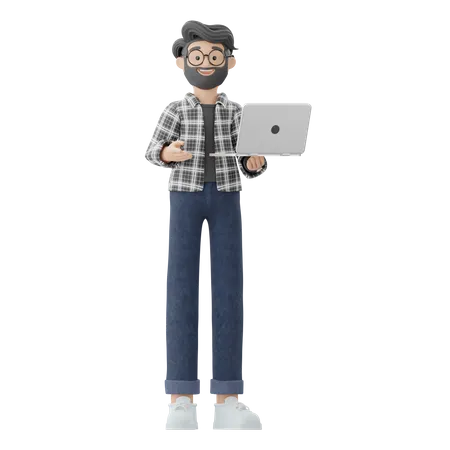 Man Holding Laptop While Explaining Something  3D Illustration