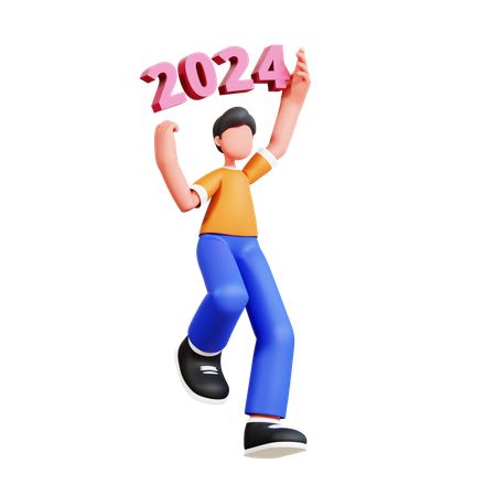 Man Holding New Year 2024 Number  3D Illustration